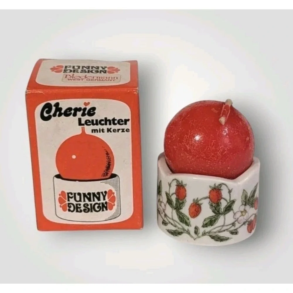 NOS Ball Candle Strawberry Holder Funny Designs Vtg Cherie Leuchter Box Ceramic